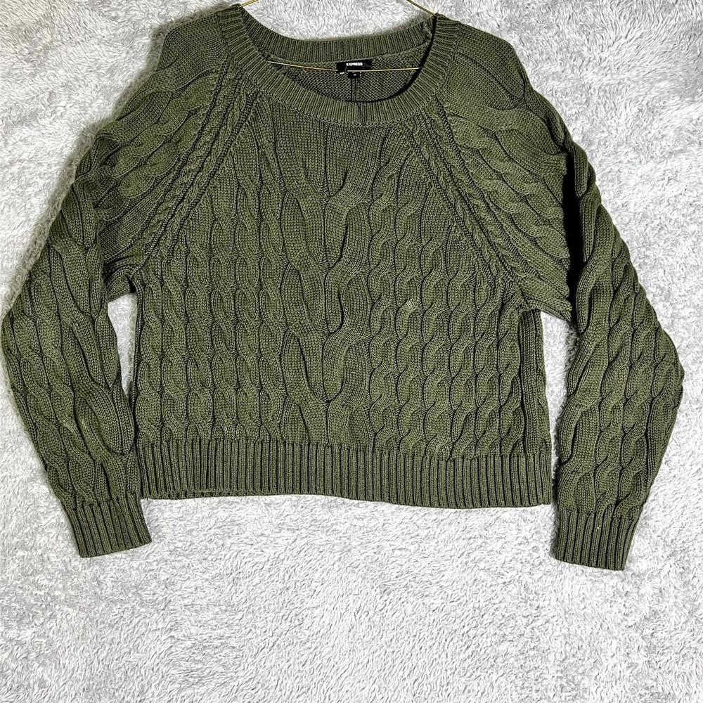 Express Sweater Womens M Olive Green Cable Knit Cotton Raglan Sleeve Pullover